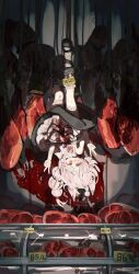  absurdres animal_ears bandage_over_one_eye bandaged_head bandaged_leg bandages black_shoes blood blood_on_clothes blood_on_wall butcher_shop_(place) commentary_request display_case double_v dress female food highres mary_janes meat mishiro_(oyumomochi) nosebleed otogi_no_kuni_dead_end oyumomochi price price_tag raw_meat red_eyes shoes solo upside-down v white_hair 