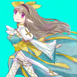  arch_bishop_(ragnarok_online) back_bow black_hairband blue_dress bow breasts brown_hair commentary cowboy_shot cross dormir_(challco) dress female fishnet_thighhighs fishnets floating_hair frilled_thighhighs frills hairband juliet_sleeves long_hair long_sleeves looking_at_viewer looking_to_the_side medium_breasts open_mouth pointy_ears puffy_sleeves purple_eyes ragnarok_online sash simple_background smile solo thighhighs two-tone_dress walking white_dress white_thighhighs yellow_bow yellow_sash 