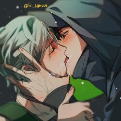  2boys alien_stage baseball_cap black_hat closed_eyes commentary_request crying french_kiss grey_hair grey_hood hand_on_another's_face hat highres hood hood_up ivan_(alien_stage) k_unow kissing korean_commentary male_focus multiple_boys saliva short_hair signature till_(alien_stage) twitter_username yaoi 