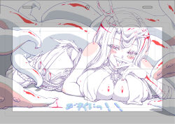  antlers arm_under_breasts azur_lane azur_lane:_slow_ahead blush_stickers breasts cleavage commentary_request female golden_hind_(azur_lane) highres horns jewelry komori_an large_breasts long_hair looking_at_viewer lying mole mole_under_mouth on_stomach production_art revealing_clothes seductive_smile smile solo suction_cups tentacle tongue tongue_out v v_over_mouth very_long_hair 