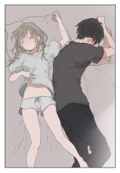  1boy bare_legs black_hair black_pants black_shirt black_shorts blush braid brown_hair closed_eyes closed_mouth commentary_request female fujiyama gaming_kanojo glasses grey_shirt highres long_hair low_twin_braids lying navel on_back pants pillow shirt short_hair short_shorts short_sleeves shorts sleeping sweat t-shirt twin_braids white_shirt white_shorts 