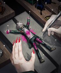  2boys a9un1 blood butterfly_pin colored_blood commentary_request corpse danganronpa_(series) death dual_persona fingernails gag highres improvised_gag jacket komaeda_nagito lying multiple_boys nail_polish no_eyes on_back pants pink_blood red_nails sharp_fingernails shirt stab tape tape_gag thigh_cutting 