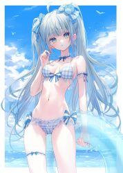  absurdres alternate_costume alternate_hairstyle beach blue_eyes blue_hair blush breasts commentary_request female groin hair_between_eyes hair_ornament highres indie_virtual_youtuber innertube long_hair looking_at_viewer momoruri_seiran navel nonomiya_(817nono) ocean open_mouth small_breasts solo swim_ring swimsuit twintails virtual_youtuber 