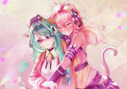  2girls animal_ears artazzkha bell black_gloves black_sclera blonde_hair breasts brown_coat closed_mouth coat coconut_hair_ornament colored_sclera couple cow_ears cow_girl cow_horns cowbell crelly cyborg dark-skinned_female dark_skin gloves green_hair grey_eyes grey_sclera hairband heterochromia highres horns hug hug_from_behind indie_virtual_youtuber koko_d._nuts large_breasts leotard long_hair mechanical_arms messy_hair mismatched_sclera mole mole_under_mouth monkey_ears monkey_girl monkey_tail multicolored_hair multiple_girls pink_hair pink_skirt red_eyes scar scar_across_eye scar_on_face shirt sideboob single_mechanical_arm skirt smile tail twintails virtual_youtuber white_shirt yellow_eyes yellow_leotard yuri 