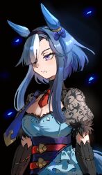  admire_groove_(glacial_queen)_(umamusume) admire_groove_(umamusume) animal_ears blue_dress blue_eyes blue_hair blush breasts cleavage closed_mouth commentary_request dress ear_covers female hairband heterochromia highres horse_ears horse_girl medium_breasts mole mole_under_mouth multicolored_hair necktie purple_eyes red_necktie see-through_clothes see-through_sleeves short_hair_with_long_locks short_necktie solo streaked_hair sui_sui0510 umamusume white_hair white_streaks 