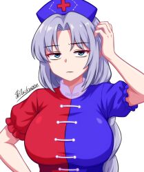  bags_under_eyes blue_eyes braid breasts closed_mouth commentary constellation_print cross cross_print dress female grey_hair hat highres large_breasts long_hair looking_at_viewer nurse_cap print_hat puffy_short_sleeves puffy_sleeves purple_dress purple_hat red_cross red_dress shgngzhngdeyti1 short_sleeves simple_background single_braid solo touhou two-tone_dress upper_body very_long_hair white_background yagokoro_eirin 