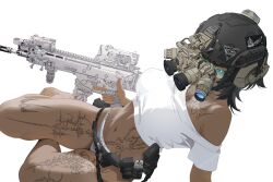  absurdres assault_rifle bare_shoulders barefoot belt calvin_klein clothes_writing combat_helmet commentary crop_top dark-skinned_female dark_skin elcan_scope fast_helmet female fn_scar_16 foregrip grey_panties gun headphones hectorrambito hello_kitty helmet highres holding holding_weapon knife laser_sight leg_tattoo looking_at_viewer magazine_(weapon) night_vision_device optical_sight original ornate_weapon panties peq rifle sanrio sitting solo stomach stomach_tattoo swiss_army_knife tattoo thighs toes trigger_discipline underwear underwear_writing utility_belt vertical_foregrip weapon 