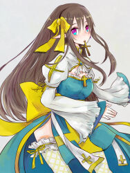  arch_bishop_(ragnarok_online) back_bow black_hairband blue_dress blush bow bow_hairband breasts brown_hair closed_mouth commentary cowboy_shot cross cross_in_mouth dormir_(challco) dress female fishnet_thighhighs fishnets frilled_thighhighs frills grey_background hairband juliet_sleeves long_hair long_sleeves looking_at_viewer puffy_sleeves purple_eyes ragnarok_online simple_background small_breasts solo thighhighs two-tone_dress very_long_hair white_dress white_thighhighs yellow_bow 