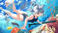  5girls air_bubble animal_ear_fluff animal_ears ass ayane_(blue_archive) ayane_(swimsuit)_(blue_archive) barefoot bikini black_bikini black_hair blonde_hair blue_archive blue_eyes blue_one-piece_swimsuit blue_sky breasts bubble cat_ears cat_girl cloud commentary_request competition_swimsuit coral cross cross_hair_ornament day denim denim_shorts extra_ears fish foreclosure_task_force_(blue_archive) frilled_bikini frills grey_hair gun hair_ornament halo harpoon harpoon_gun hat highleg highleg_one-piece_swimsuit highres holding holding_gun holding_weapon hoshino_(blue_archive) hoshino_(swimsuit)_(blue_archive) inflatable_toy inflatable_whale innertube inverted_cross long_hair looking_at_viewer medium_breasts mismatched_pupils multiple_girls nonomi_(blue_archive) nonomi_(swimsuit)_(blue_archive) ocean official_alternate_costume on_innertube one-piece_swimsuit outdoors pink_hair pointy_ears ponytail red_halo serika_(blue_archive) serika_(swimsuit)_(blue_archive) shiroko_(blue_archive) shiroko_(swimsuit)_(blue_archive) short_hair shorts sky sun_hat swim_ring swimsuit tsuuhan turtle twintails underwater weapon white_bikini wolf_ears wolf_girl yellow_bikini 