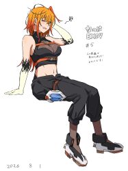  belt black_pants black_shirt blush breasts chest_belt cleavage commentary_request crop_top dated female full_body furrowed_brow groin hair_between_eyes highres invisible_chair kuze_shiina large_breasts long_hair looking_at_viewer lyrical_nanoha mahou_shoujo_lyrical_nanoha_exceeds:_gun_blaze_vengeance navel no_jacket one_eye_closed open_mouth orange_belt orange_hair pants shirt shoes sidelocks simple_background sitting solo squiggle stomach sweat takatisakana translation_request white_background white_shoes 