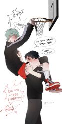  2boys alien_stage basketball_hoop between_legs black_eyes black_hair black_jacket black_shirt commentary_request green_eyes grey_hair grey_shirt highres ivan_(alien_stage) jacket k_unow korean_commentary korean_text long_sleeves male_focus multiple_boys red_shoes red_shorts shirt shoes short_hair shorts slam_dunk_(basketball) socks thick_eyebrows till_(alien_stage) track_jacket translation_request very_short_hair white_background white_socks yaoi 