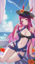  absurdres arm_support armpit_crease bare_arms bare_shoulders black_hat blue_one-piece_swimsuit blue_sky blush bracelet breasts casual_one-piece_swimsuit cleavage clothing_cutout cloud commentary_request dress_swimsuit female fire_emblem fire_emblem_engage fire_emblem_heroes flower hand_up hat hat_flower highres indoors ivy_(fire_emblem) ivy_(summer)_(fire_emblem) jewelry large_breasts long_hair looking_at_viewer mole mole_under_mouth navel ocean official_alternate_costume one-piece_swimsuit parted_lips pink_eyes pink_hair purple_eyes purple_hair see-through_clothes see-through_headwear sky solo stomach stomach_cutout swimsuit tarutaru193 thighs very_long_hair water 