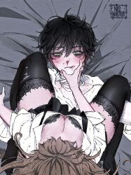  1boy abuse after_battle bags_under_eyes bandaged_neck bandages between_legs black_necktie black_skirt black_thighhighs blonde_hair blood blood_on_face blush bra bra_peek breasts cleavage commentary degrees_of_lewdity double-parted_bangs downblouse english_commentary female from_above grabbing_another's_face green_eyes greyscale hair_between_eyes head_grab highres howlsmovinghips indoors kylar_(degrees_of_lewdity) kylar_(male)_(degrees_of_lewdity) lace-trimmed_bra lace-trimmed_thighhighs lace_trim large_breasts looking_at_another miniskirt monochrome necktie nosebleed on_bed original partially_unbuttoned player_character_(degrees_of_lewdity) player_character_(female)_(degrees_of_lewdity) shirt short_hair short_sleeves sitting skirt straddling thighhighs thighs torn_clothes torn_thighhighs underwear undone_necktie white_shirt 