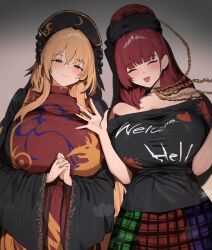  258n 2girls :d alternate_breast_size_(larger) black_dress black_hat black_shirt blonde_hair blush breasts chains chinese_clothes closed_eyes closed_mouth clothes_writing crescent_print dalachi_(headdress) dress energy_tail facing_viewer fox_tail gold_chain hat hecatia_lapislazuli highres huge_breasts junko_(touhou) long_hair long_sleeves multicolored_skirt multiple_girls multiple_tails off-shoulder_shirt off_shoulder open_mouth own_hands_clasped own_hands_together red_eyes red_hair red_tabard shirt skirt smile t-shirt tabard tail taut_clothes taut_shirt touhou underworld_(ornament) wide_sleeves 