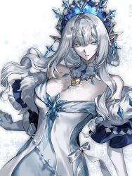  absurdres anastasya_feodorovna_snezhnaya bare_shoulders blue_dress blue_eyes blue_sleeves blue_tiara breasts chinese_commentary cleavage collar colored_eyelashes commentary_request cross cross_earrings detached_collar dress earrings elbow_gloves female fur-trimmed_sleeves fur_trim gem genshin_impact gloves grey_hair hair_intakes highres jewelry large_breasts long_hair long_sidelocks pointy_ears sidelocks solo tnndgwg white_collar white_dress white_eyelashes yellow_gem 