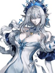  absurdres anastasya_feodorovna_snezhnaya bare_shoulders blue_dress blue_eyes blue_sleeves blue_tiara breasts chinese_commentary cleavage collar colored_eyelashes commentary_request cross cross_earrings detached_collar dress earrings elbow_gloves female fur-trimmed_sleeves fur_trim gem genshin_impact gloves grey_hair hair_intakes highres jewelry large_breasts long_hair long_sidelocks pointy_ears sidelocks solo tnndgwg white_collar white_dress white_eyelashes yellow_gem 