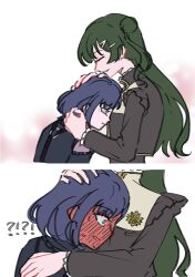  !? 2girls absurdres akiha_school_uniform arms_around_neck bang_dream! bang_dream!_yumemita black_dress black_hair blush bob_cut detached_sleeves dress embarrassed french_girly fuji_miyako fuji_miyako_(real) green_hair hair_bun hair_ornament hairclip highres hug long_hair long_sleeves mole mole_under_mouth multiple_girls noera023 one_side_up open_mouth purple_eyes purple_hair school_uniform simple_background single_side_bun upper_body viola_(bang_dream!) white_background x_hair_ornament yuri 