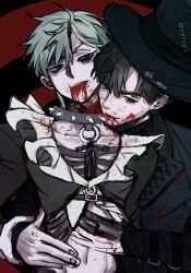  2boys alien_stage black_background black_eyes black_hair black_hat black_shirt blood blood_from_mouth collar commentary english_commentary frilled_shirt frills green_eyes grey_hair hand_on_another's_stomach hat highres ivan_(alien_stage) k_unow male_focus multiple_boys navel red_background red_pupils shirt short_hair spiked_collar spikes till_(alien_stage) very_short_hair zombie_stage 