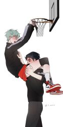  2boys alien_stage basketball_hoop between_legs black_eyes black_hair black_jacket black_shirt commentary_request green_eyes grey_hair grey_shirt highres ivan_(alien_stage) jacket k_unow korean_commentary long_sleeves male_focus multiple_boys red_shoes red_shorts shirt shoes short_hair shorts slam_dunk_(basketball) socks thick_eyebrows till_(alien_stage) track_jacket very_short_hair white_background white_socks yaoi 
