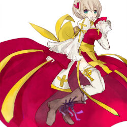  arch_bishop_(ragnarok_online) back_bow blue_eyes boots bow breasts brown_boots brown_hair closed_mouth commentary_request covering_own_mouth cross dormir_(challco) dress female full_body hair_ornament hand_over_own_mouth heart heart_hair_ornament juliet_sleeves jumping long_sleeves looking_at_viewer medium_breasts partial_commentary puffy_sleeves ragnarok_online red_dress ribbon ribbon-trimmed_thighhighs ribbon_trim sash short_hair simple_background smile solo thighhighs two-tone_dress white_dress white_thighhighs wide_sleeves yellow_bow yellow_ribbon yellow_sash 