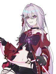  black_choker black_gloves black_shorts bow bright_pupils choker commentary_request female gloves hair_between_eyes highres holding honkai_(series) honkai_impact_3rd jacket long_hair long_sleeves micro_shorts midriff mika07891 navel purple_bow purple_eyes red_jacket shorts simple_background smile solo thelema_nutriscu very_long_hair white_background white_hair white_pupils 