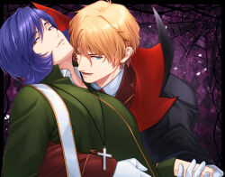  2boys bag black_robe blonde_hair blue_eyes brown_eyes char_aznable checkered_background commentary_request cross dress_shirt garma_zabi glass_shards gloves grin gundam hair_between_eyes highres holding_hands hug jacket lapels leaning_back looking_at_viewer medium_hair mobile_suit_gundam multiple_boys murakami_(mrkm3103) necktie oerba_yun_fang open_collar peaked_lapels purple_background purple_hair red_jacket red_necktie robe shirt short_hair shoulder_bag silk smile spider_web swept_bangs vampire white_bag white_gloves yaoi 