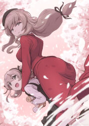  2girls ass boko_(girls_und_panzer) breasts brown_eyes brown_hair cherry_blossoms dress ehirorotoon girls_und_panzer hat highres large_breasts long_hair multiple_girls open_mouth outdoors ponytail red_dress shimada_arisu shimada_chiyo smile stuffed_toy 