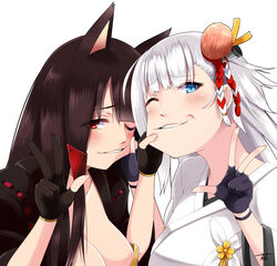  2girls akagi_(azur_lane) animal_ears azur_lane black_gloves black_hair blue_eyes breasts cheek_pinching cleavage commentary_request fingerless_gloves fox_ears gloves hair_ornament hair_tie japanese_clothes medium_breasts multiple_girls one_eye_closed parted_lips pinching red_eyes shoukaku_(azur_lane) simple_background smile suzuna_(najaran) v white_background white_hair 