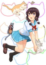  :d afterimage animal animalization bad_id bad_pixiv_id black_cat black_socks blue_sailor_collar blue_skirt blush bow bowtie braid cat_hair_ornament cat_teaser closed_eyes fangs feline female full_body green_eyes grey_cat hair_ornament highres holding holding_animal kneehighs konagai_yuuko loafers long_hair looking_up maa_(nyanko_days) miniskirt multicolored_background nail_polish nyanko_days open_mouth osananajimi_neko pink_nails pleated_skirt purple_eyes red_bow red_bowtie rou_(nyanko_days) round_teeth sailor_collar school_uniform serafuku shii_(nyanko_days) shirt shoes short_sleeves single_shoe skirt smile socks solo sparkle teeth thighs toy toy_mouse twin_braids unworn_shoes whiskers white_shirt 