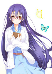  animal belt bespectacled blue_hair book brown_eyes bug butterfly collarbone commentary_request cowboy_shot crossed_arms female flying glasses highres holding holding_book light_smile long_hair long_sleeves looking_at_viewer love_live! love_live!_school_idol_project open_collar photoshop_(medium) simple_background solo sonoda_umi standing very_long_hair white_background yuu_(oosakazaijyuu) 