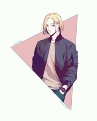  1boy acca_13-ku_kansatsu-ka artist_name bad_id bad_pixiv_id beige_background blonde_hair blue_eyes character_name copyright_name delight_hsia highres jacket male_focus rail_(acca) simple_background solo watch 