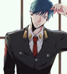  1boy acca_13-ku_kansatsu-ka bad_id bad_pixiv_id blue_eyes blue_hair delight_hsia highres male_focus military military_uniform necktie niino_(acca) solo uniform upper_body 