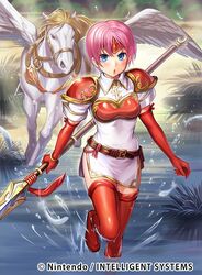  armor belt blue_eyes blush breastplate chachie cloud commentary_request company_connection copyright_name day dress elbow_gloves feathered_wings feathers female fire_emblem fire_emblem:_path_of_radiance fire_emblem:_radiant_dawn fire_emblem_cipher gloves holding holding_weapon looking_at_viewer marcia_(fire_emblem) official_art open_mouth outdoors pauldrons pegasus pegasus_knight_uniform_(fire_emblem) pink_hair polearm red_gloves red_legwear shiny_clothes short_dress short_hair short_sleeves shoulder_armor spear thighhighs wading water_drop weapon wings zettai_ryouiki 