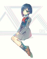  bad_id bad_twitter_id blue_hair closed_mouth commentary_request darling_in_the_franxx female frown full_body green_eyes hair_ornament hair_over_one_eye hairclip hands_on_lap ichigo_(darling_in_the_franxx) looking_at_viewer military military_uniform plantar_flexion shimamizu_eke short_hair sitting solo uniform 