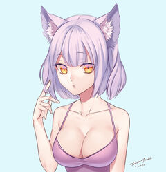  animal_ears arms_at_sides artist_name blue_background breasts camisole cleavage closed_mouth collarbone commentary_request dated expressionless female hand_up large_breasts looking_at_viewer original photoshop_(medium) purple_hair ruffling_hair signature simple_background solo tenjou_tsuki upper_body yellow_eyes 