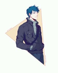  1boy acca_13-ku_kansatsu-ka artist_name bad_id bad_pixiv_id blue_eyes blue_hair character_name copyright_name delight_hsia highres jacket male_focus niino_(acca) simple_background solo upper_body 