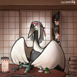  2girls aircraft airplane animalization bird black_hair brown_eyes brown_hair commentary_request crane_(animal) grey_hair hairband hamu_koutarou hatsushimo_(kancolle) kantai_collection long_hair multiple_girls muneate peeking_out ponytail shoukaku_(kancolle) sliding_doors tsuru_no_ongaeshi yahagi_(kancolle) 