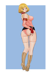  blonde_hair blue_eyes breasts commentary_request cosplay female fingerless_gloves gloves gundam gundam_card_builder highleg highleg_leotard highres hip_focus komii large_breasts leotard looking_at_viewer pink_leotard reiko_holinger sayla_mass short_hair short_twintails simple_background solo thick_thighs thighhighs thighs twintails white_thighhighs 