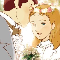  1boy ai_no_wakakusa_monogatari bouquet bow brown_hair commentary_request couple daisy female flower happy husband_and_wife ishigamirin john_brooke lowres margaret_march straight wedding world_masterpiece_theater wreath 