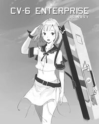  belt commentary_request crop_top crop_top_overhang enterprise_(pacific) female greyscale highres jeanex kantai_collection looking_at_viewer mecha_musume midriff monochrome navel original pacific_(kancolle) personification photoshop_(medium) salute short_hair skirt solo uss_enterprise_(cv-6) 