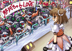  2_fuel_4_ammo_11_steel bad_id bad_pixiv_id ball_gag banner barricade bondage bondage bound brown_eyes brown_hair commentary double_bun empty_eyes fan gag gloves glowstick headband highres i-class_destroyer idol kantai_collection microphone naka_(kantai_collection) open_mouth partially_translated puffy_sleeves school_uniform sekiguchi_miiru shinkaisei-kan short_sleeves stage stage_lights translated translation_request 