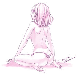  artist_name ass barefoot bed_sheet breasts closed_mouth commentary_request dated dimples_of_venus female from_behind full_body line_art medium_breasts monochrome original photoshop_(medium) profile purple_theme shoulder_blades signature sitting solo tenjou_tsuki thong topless wariza 