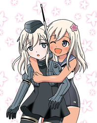  2girls ;d commentary_request dual_persona floral_background flower garrison_cap grey_eyes grey_hair hair_flower hair_ornament hat hoshino_banchou hug hug_from_behind kantai_collection long_hair multiple_girls one_eye_closed open_mouth photoshop_(medium) ro-500_(kancolle) school_swimsuit school_uniform serafuku smile snorkel swimsuit swimsuit_under_clothes tan tanlines time_paradox u-511_(kancolle) 