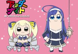  2girls blonde_hair blue_eyes blue_hair dress gloves hair_ornament hairband height_difference long_hair mika_returna multiple_girls orie_ballardiae_harada poptepipic short_twintails smile twintails under_night_in-birth under_night_in-birth_exe:late[st] 