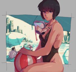  3boys bad_id bad_pixiv_id ball batou_(gits) beach beachball black_hair blue_eyes city diving_mask female ghost_in_the_shell goggles ishikawa_(gits) katsuoboshi kusanagi_motoko looking_at_viewer multiple_boys one-piece_swimsuit scuba_gear short_hair solo_focus splashing swimsuit togusa_(gits) umbrella 