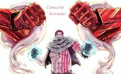  1boy abs arm_tattoo bare_pectorals black_hair blood blood_on_face character_name charlotte_katakuri clenched_hands commentary_request covered_mouth fighting_stance gloves hands_up highres living_(pixiv5031111) looking_at_viewer male_focus one_piece open_clothes open_vest pectorals photoshop_(medium) purple_eyes scar scarf scarf_over_mouth solo sparkle spikes standing stitches stomach_tattoo tattoo upper_body vest 