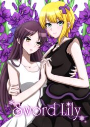  2girls bad_id bad_pixiv_id blonde_hair breasts collarbone commentary_request fingernails flower gladiolus green_eyes hair_between_eyes highres holding_hands idolmaster idolmaster_cinderella_girls kumax5 looking_at_viewer miyamoto_frederica multiple_girls purple_flower tachibana_arisu yellow_eyes yuri 