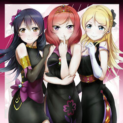  3girls ayase_eli black_gloves blonde_hair blue_eyes blue_hair blush brown_eyes commentary_request elbow_gloves finger_to_mouth gloves hand_on_another&#039;s_shoulder highres long_hair looking_at_viewer love_live! love_live!_school_idol_project multiple_girls nishikino_maki purple_eyes red_hair shiimai short_hair sleeveless smile soldier_game sonoda_umi tiara 