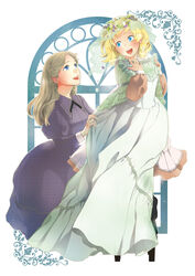  2girls :d ai_no_wakakusa_monogatari amy_march artist_name blonde_hair blue_dress blue_eyes braid brown_hair commentary_request dress highres holding long_hair margaret_march multiple_girls nev open_mouth short_hair siblings sisters smile veil white_dress wreath 