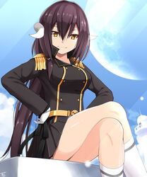  azur_lane black_hair commentary_request crossed_legs epaulettes female gloves hands_on_own_hips horns kneehighs long_hair looking_at_viewer mikasa_(azur_lane) military_uniform naval_flag pleated_skirt simple_background skirt smile socks solo suzuna_(najaran) uniform white_gloves white_socks yellow_eyes 